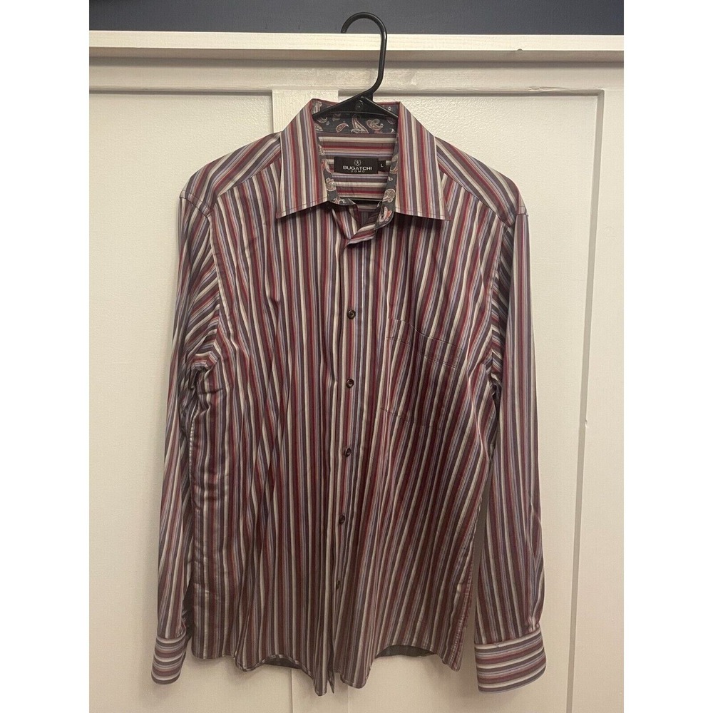 Bugatchi Uomo Multi Brown Red Blue Stripe Button Down Shirt Flip Cuff Paisley L